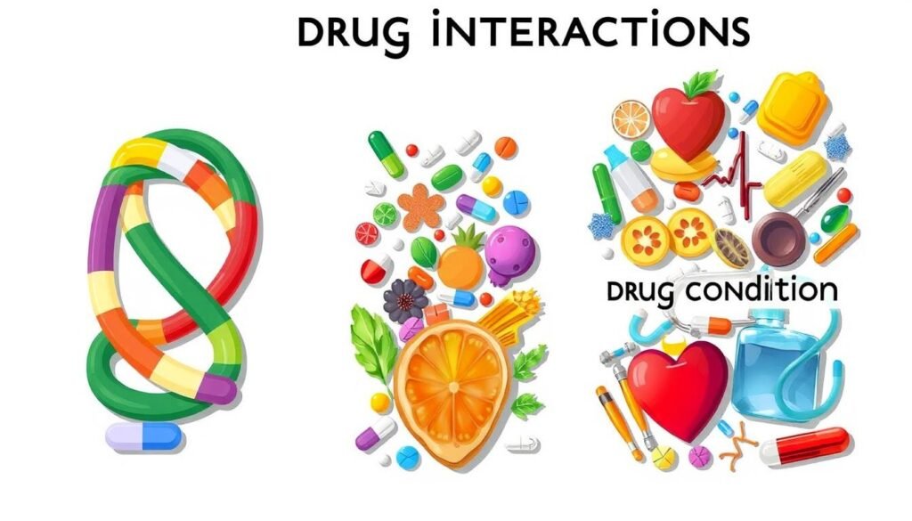 drug-drug interactions, drug-food interactions, drug-condition interactions